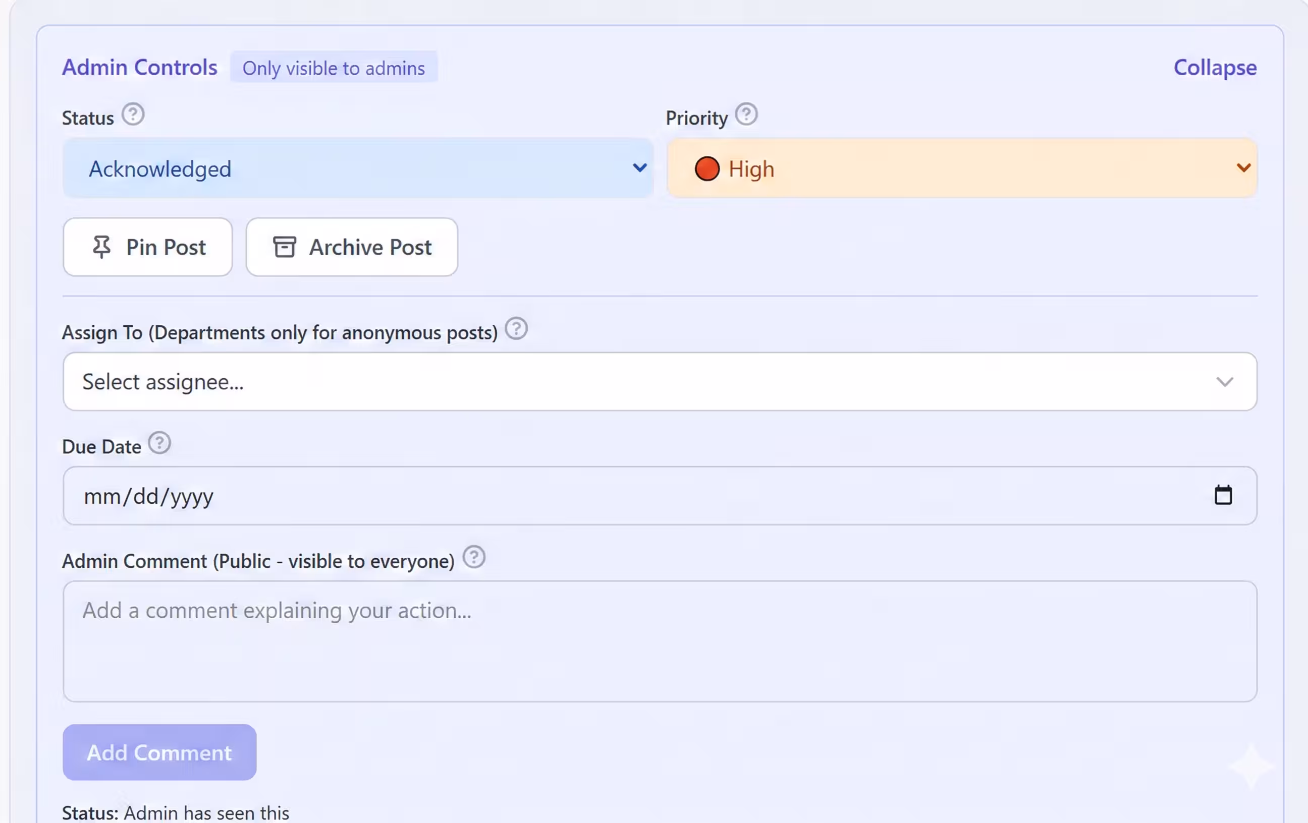 VoxWel admin workflow showing status controls, priority settings, and audit documentation
